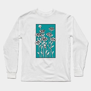 Black and white daisy flower doodle illustration in blue background Long Sleeve T-Shirt